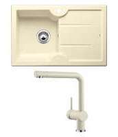 BLANCO IDESSA 45 S, Keramik, jasmin, ohne Ablauffernbedienung, Becken links mit BLANCO 516703 LINUS, Messing SILGRANIT-Look, jasmin, Hochdruck